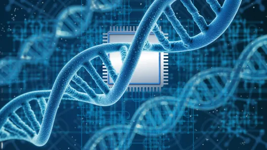 bioinformatica-medica-y-genetica-viu representacion-digital-de-una-cadena-de-adn-conectada-a-un-microchip-como-base-de-la-bioinformatica