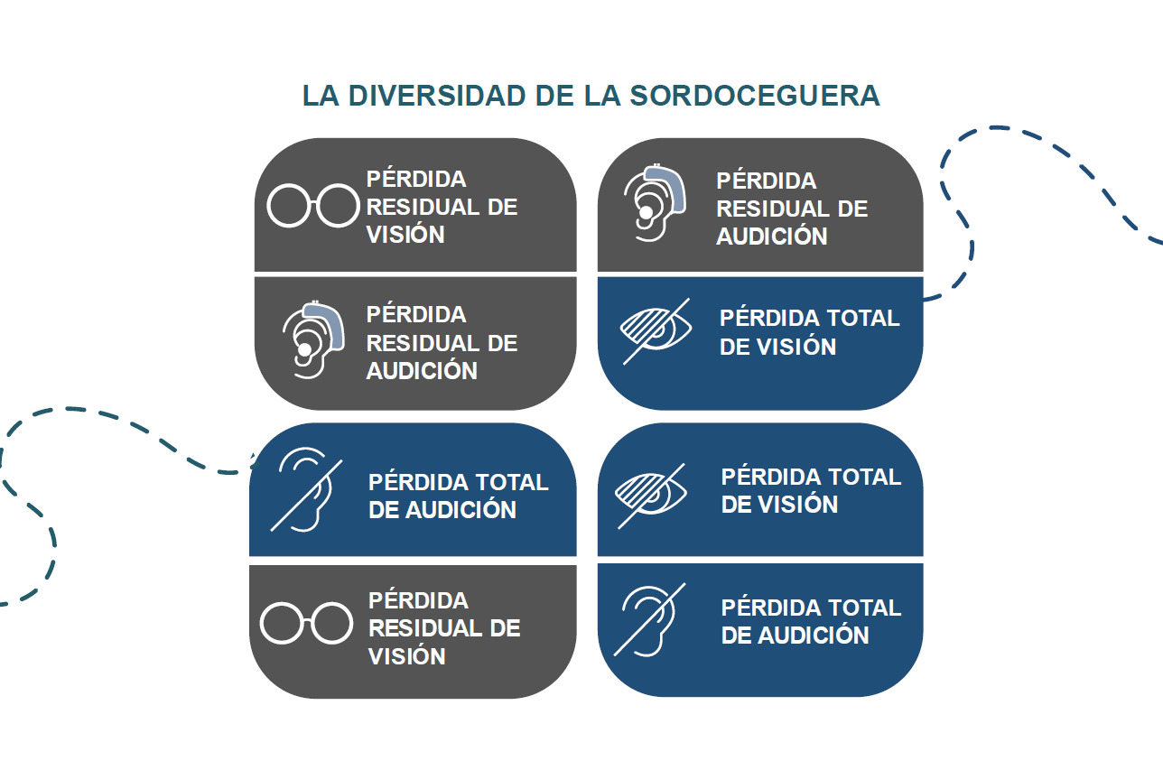 Una infografía representando la diversidad de la sordoceguera mediante las combinaciones posibles de afección de la vista y la audición
