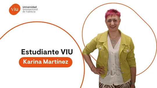 Retrato de Karina Martínez, alumni VIU, sobre fondo blanco con formas geométricas naranjas y texto que lee: Estudiante VIU, Karina Martínez